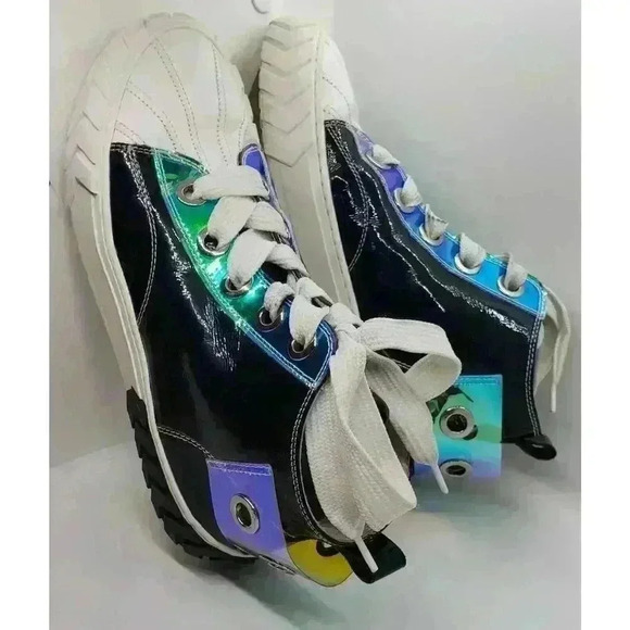 Black Leather Hi Top Sneakers Iridescent Eyelet & Heel D:fuse Scandinavia RARE - Picture 3 of 16